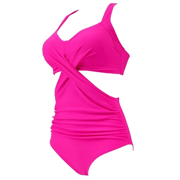 Hot Pink Criss Cross One Piece Tankini Halter SIZE M - Picture 2 of 5